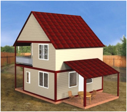 Проект двухэтажного дачного дома модульного типа с крытой верандой